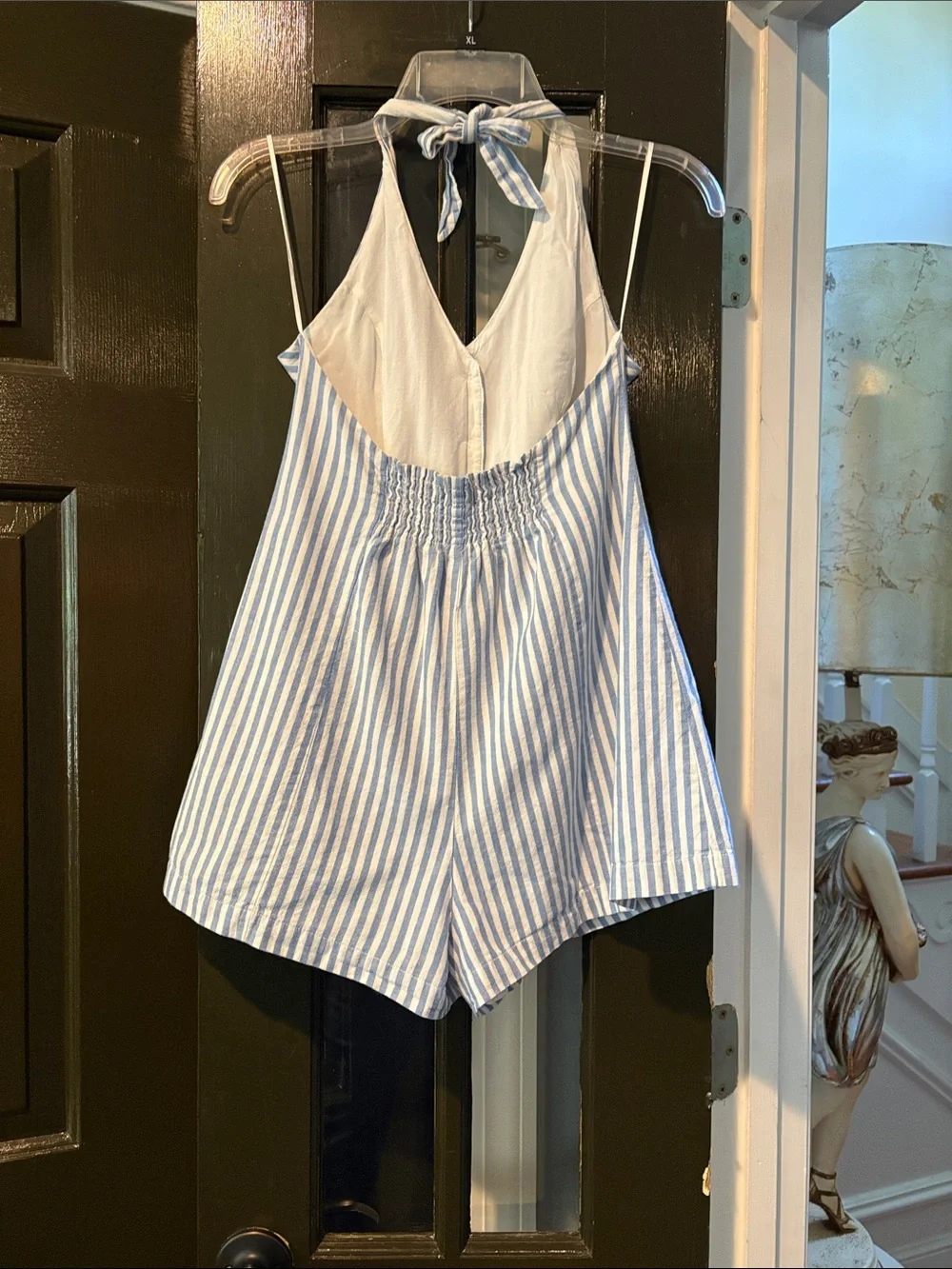 Blue & White Striped Halter Romper with Front Buttons